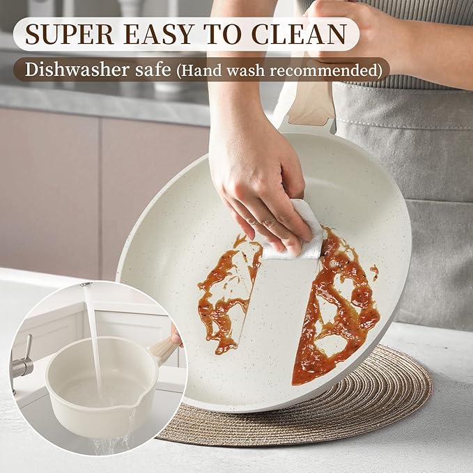 Kikcoin 16Pcs Pots and Pans Set Nonstick Ceramic Cookware Sets Induction Kitchen Cooking Set Non toxic Healthy Non Stick w/Grill Pan,Saute Pan, Ceramic White