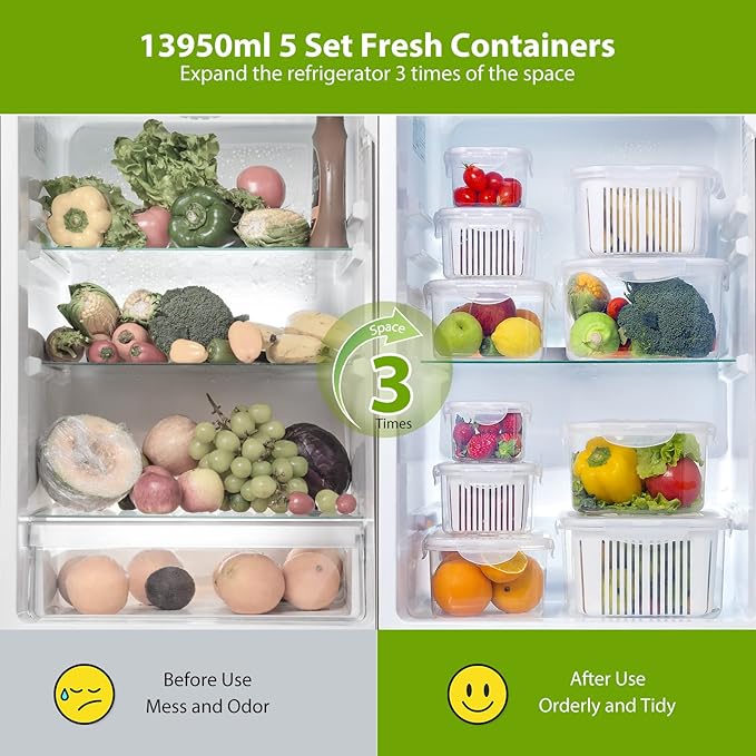 LUXEAR Larger Fruit Vegetable Produce Storage Saver Containers with Lid & Colander 5 Packs BPA-Free Plastic Fresh Keeper Set | Refrigerator Fridge Organizer | for Salad Berry Lettuce Food Celery