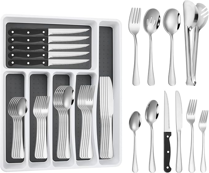 53PCS Silverware Set for 8 with Flatware Drawer Organizer, Stainless Steel Cutlery Set with Steak Knives, Include Spoons and Forks Set & Serving Utensils, Mirror Polished, Silver
