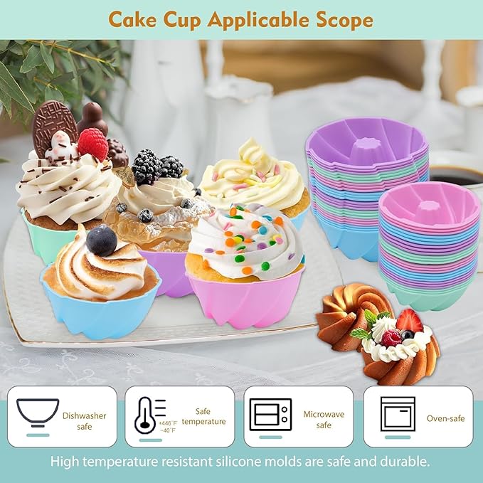 Tongjude 48 Pieces Silicone Donut Mold, 3.15" Diameter 1.37" Deep Small Reusable Baking Cups, Non-Stick, 4 Shape Silicone Molds, Heat Resistant Bakeware for Bagel, Muffin, Jello and Cake Baking