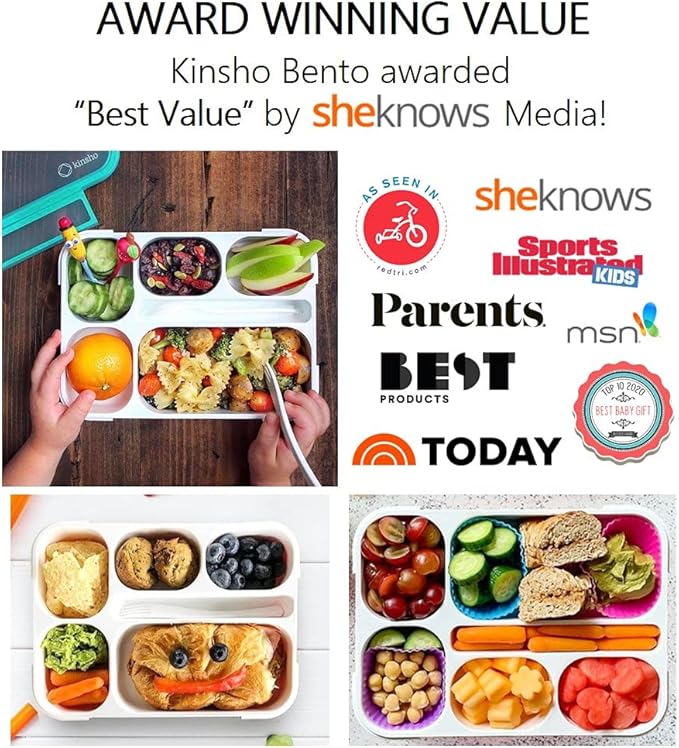 kinsho Bento Box with Lunch Bag and Ice Pack Set | Two Boxes, insulated Bags, Cold Packs for Kids Adults, Value Meal Containers for School Lunches or Snack, 6 Compartments BPA Free, Teal and Orange