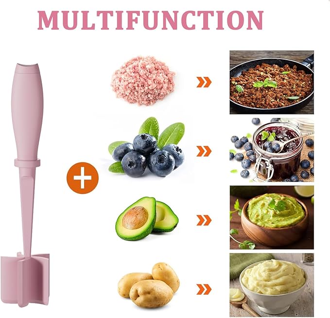 Meat Chopper, 5 Curve Blades Ground Beef Masher, Heat Resistant Meat Masher Tool for Hamburger Meat, Ground Beef, Turkey and More, Nylon Hamburger Chopper Utensil Non-scratch Utensils-Pink