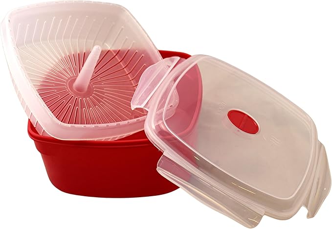 Microwave Vegetable Steamer Cooker for Healthy Cooking and Quick Meals, Cook Vegetables, Fish & Poultry, BPA-Free with Removable Strainer and Locking Vent Lid, 2.47L by Dependable Industries (Red)