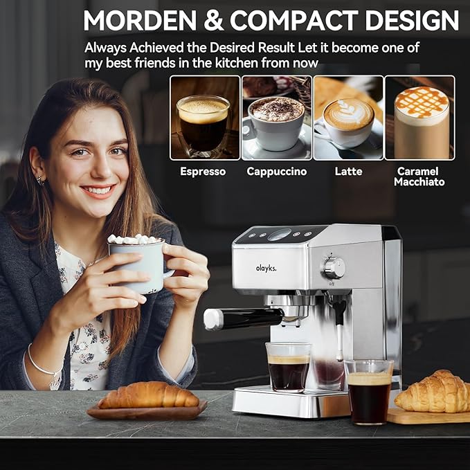 Espresso Machine 20 Bar, Brush Stainless Steel Espresso Maker with Milk Frother Steam Wand, 1400W Espresso Coffee Machine with 1.8L Removable Water Tank for Latte, Cappuccino,Machiato