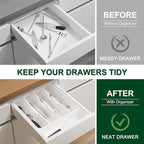Bellsal White Utensil Organizer 10 Inch Silverware Tray for Drawer - 5 Compartment Small Narrow Bamboo