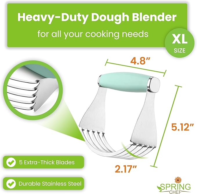 Spring Chef XL Stainless Steel Pastry Cutter Tool for Baking - Heavy Duty Dough Blender - Butter & Dough Cutter Tool with Sharp Blades - Pastry Blender for Easy Mixing - Dishwasher Safe - Mint