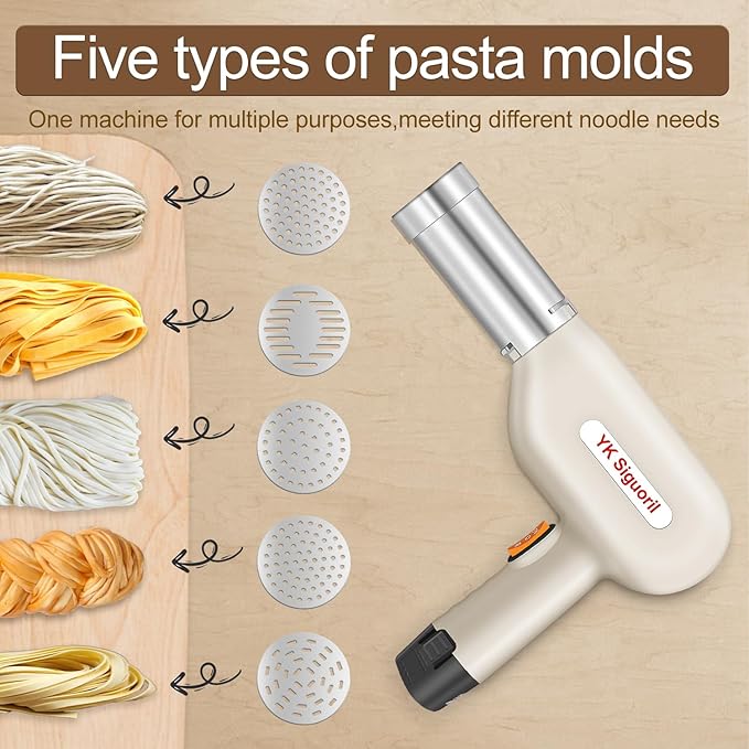 Handheld Electric Pasta Maker 5-in-1 Cordless Pasta Maker Machine Automatic Noodle Press Machine for Homemade Spaghetti, Portable Noodle Maker with Dough Cutter, Quick and Easy to Clean