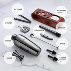 Mixology Bartender Kit: 10-Piece Bar Tool Set with Mahogany Stand | Perfect Home Bartending Kit and Martini Cocktail Shaker Set for a Perfect Drink Mixing Experience | Housewarming Gift (Gun-Metal)