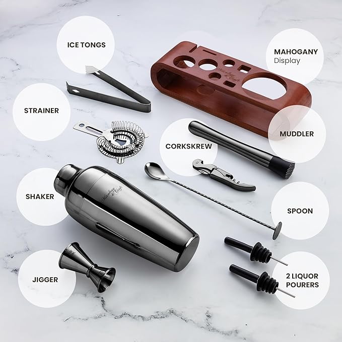Mixology Bartender Kit: 10-Piece Bar Tool Set with Mahogany Stand | Perfect Home Bartending Kit and Martini Cocktail Shaker Set for a Perfect Drink Mixing Experience | Housewarming Gift (Gun-Metal)