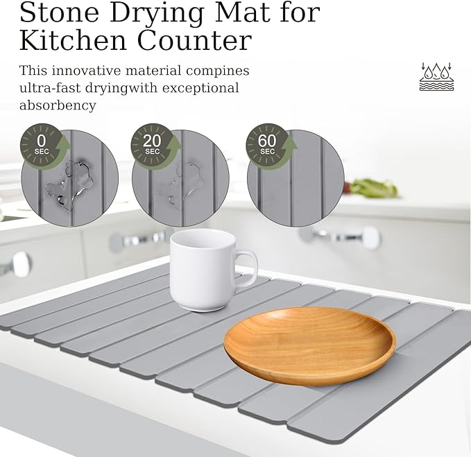 Hopegiver Stone Drying Mat for Kitchen Counter, 23.62"x15.35" Quick Dry Collapsible Mat Kitchen, Gray Absorbent Diatomaceous Earth Dish Drying Mat for Countertops, Sink, Bathroom, with Sanding Sponge