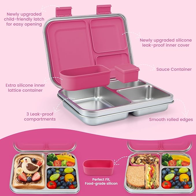 MaMix Bento Lunch Box Stainless Steel,3 Compartments Leak-Proof Bento Box for Sandwich, Lunch Containers Freezer Safe (pink)