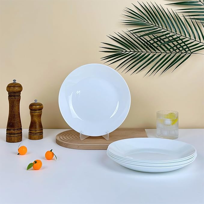 Amazon 6-Piece 10.5" White Dinner Plates Lightweight Round Plates, Simply Dessert Plate, Triple Layer Glass and Chip Resistant, for Microwave and Dishwasher Safe Scratch Resistant, Winter Frost White