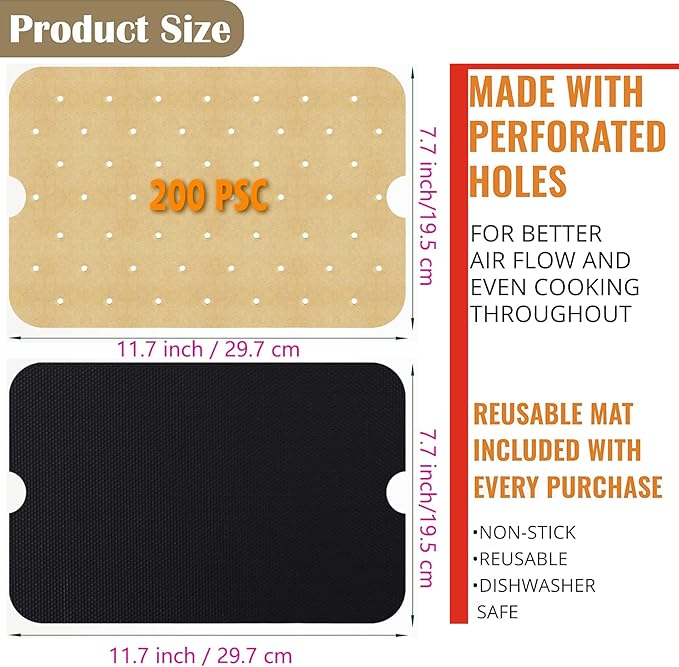 WMKGG Disposable Air Fryer Parchment Paper, 200 PCS Perforated Rectangular Air Fryer Liners for Ninja Foodi XL Smart FG551 6-in-1 Indoor Grill