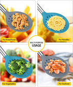 Kitchen Ladle Strainer Set of 2 Large Slotted Spoon with High Heat Resistant BPA Free Non Stick Cooking Skimmers For Draining and Frying (Grey and Teal Blue)