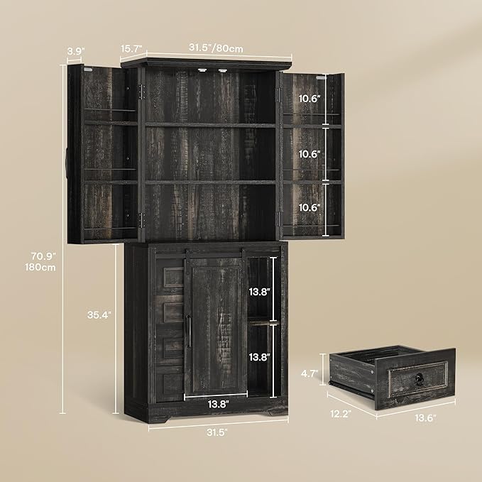 YITAHOME Pantry Cabinet, 71-Inch Tall Freestanding Storage Cabinet with 4 Drawers, Farmhouse Cupboard with Doors Storage, Adjustable Shelves, for Living Room, Dining Room, Black Oak