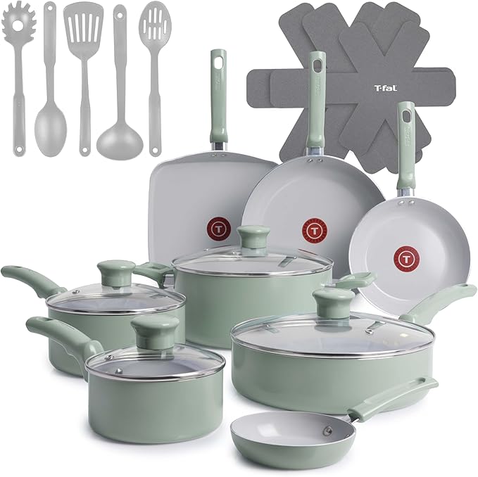 T-Fal Refresh Ceramic Nonstick Cookware Set, 20-Piece, Oven Safe to 350°F, Stockpot, Ceramic Pots and Pans Set, Frying Pans, Griddle, Utensils, Mint Green