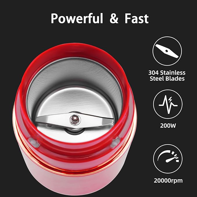 Electric Coffee Grinder for Beans, Spices, Herbs, Grains and Nuts, Stainless Steel Blades, 2.8 oz, Red