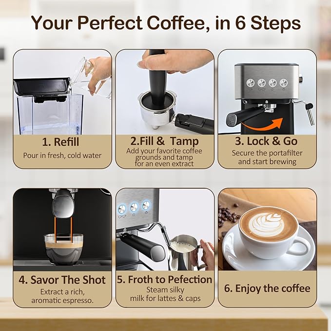 Espresso Machine with Milk Frother, 20 Bar Espresso Maker for Cappuccino&Latte, Compact Coffee Maker for Home&Office, 50oz Removable Water Tank, Stainless Steel