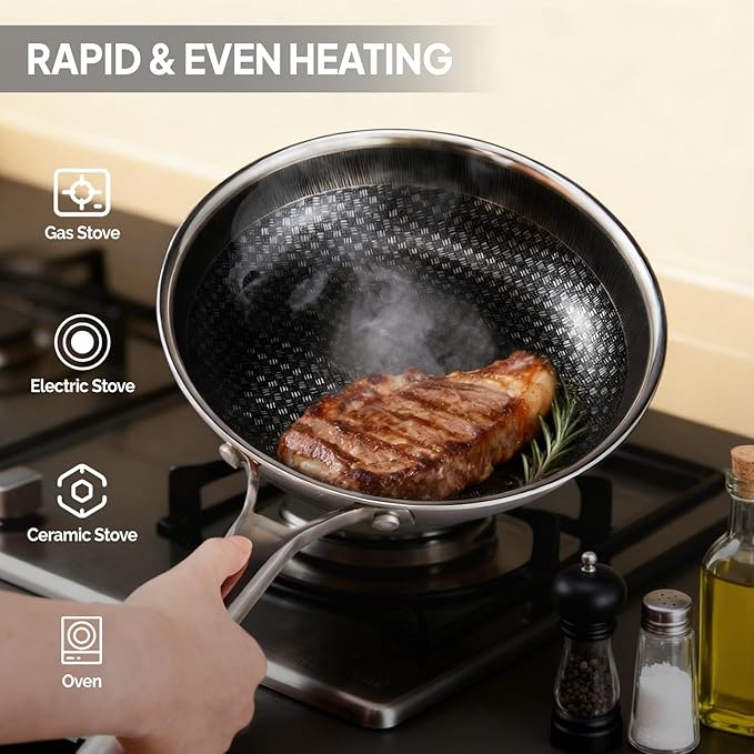 Bonnlo 10 Pieces Cookware Set, 3-Ply Stainless Steel Skillets Set, Non-Toxic Kitchen Set, Oven & Dishwasher Safe, Induction Cooking Set, PFOA & PTFE Free, Compatible for All Cooktops