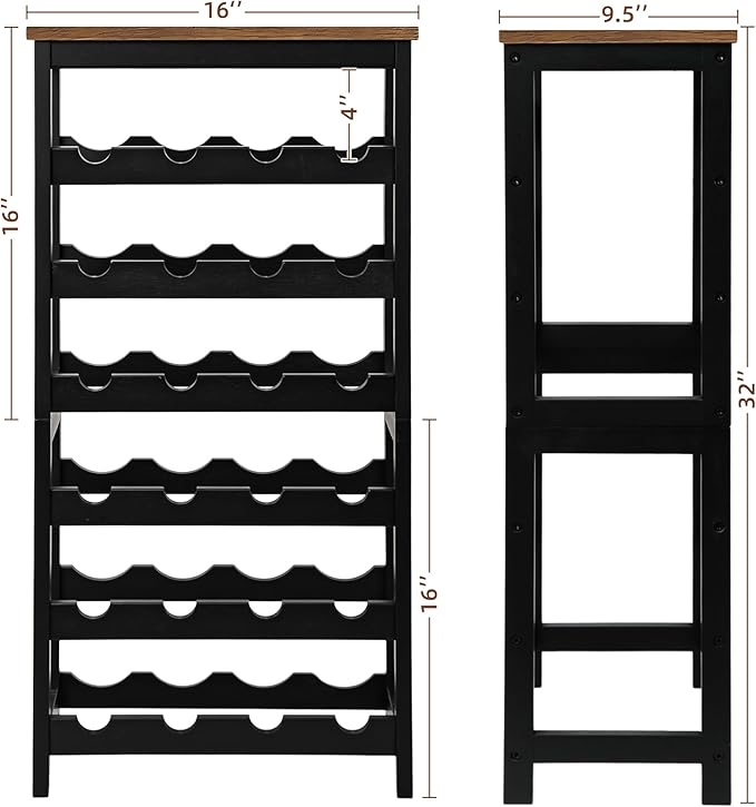 VASMIA Wine Rack Freestanding Floor, 6 Tier Bamboo Wine Storage Shelves with Table Top, 24-Botttle Wine Rack Shelf for Kitchen Bar Dining Room Living Room, Rustic Brown and Black