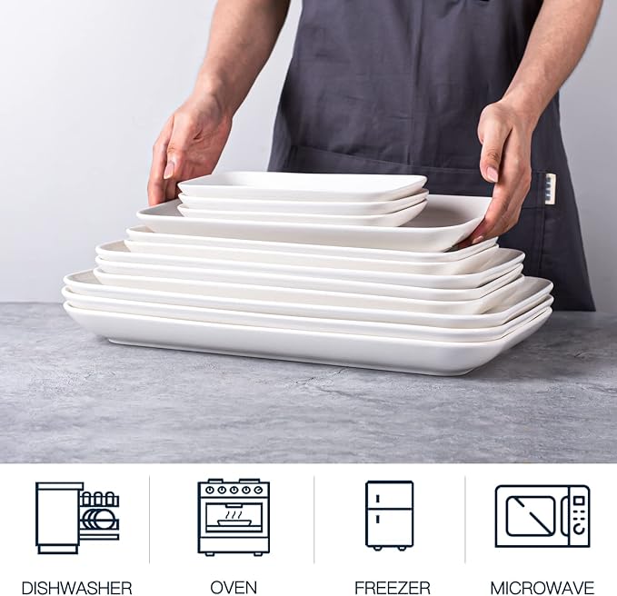 DELLING Large Serving Platter Set 12in White Rectangular Serving Plates/Salad Dish - Big Serving Trays for Parties Meat, Sushi, Dinner Plate Oven Safe Dinnerware Set of 3
