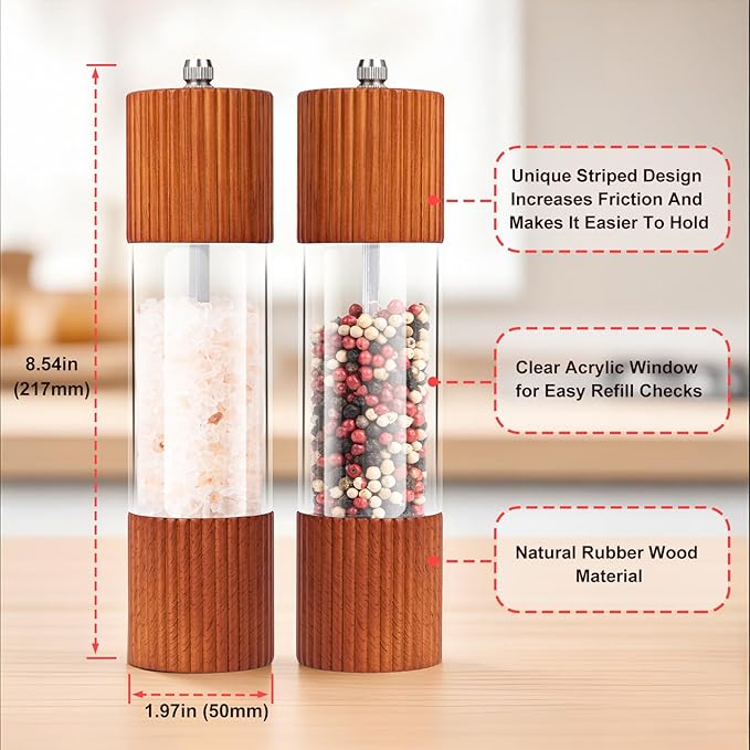 Wooden Salt and Pepper Grinder Set, 8 Inch Manual Salt and Pepper Mills, Premium Acrylic Salt and Pepper Shakers with Adjustable Ceramic Core, Refillable Shakers for Kitchen(2 Pack)