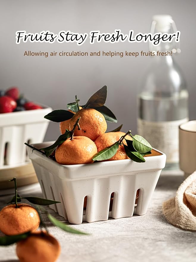 Gomakren Fruit Bowl with Holes, Ceramic Berry Basket Set of 2, 5.7 Inch Square Fruit Basket for Kitchen Counter, Rustic Berry Containers, Farmhouse Kitchen Decor - Cream White