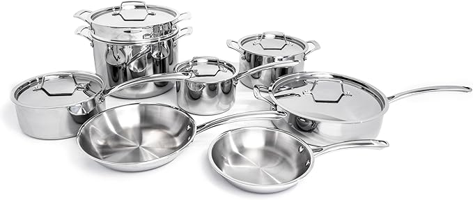 BergHOFF Professional Tri-ply 18/10 Stainless Steel 13Pc Cookware Set With Matching Lid Safe Grip Handle Induction Cooktop Measurement Markings Inside Fast & Even Heat Oven Safe Dishwasher Safe