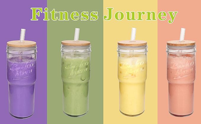 ANOTION Glass Cups with Lids and Straws 2 Packs, 24oz Travel Coffee Mug Wide Mouth Bamboo Mason Jar Iced Coffee Cup Smoothie Cup Glass Tumbler Tea Cup Clear Cute Water Cups Drinking Jars Glasses