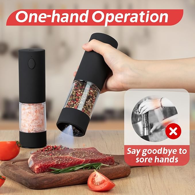 Electric Salt & Pepper Grinder Set (2 Pack) – USB Rechargeable, Adjustable Coarseness, One-Handed Operation with LED Light – Automatic Spice Mill Shaker for Kitchen, Dining, or Camping