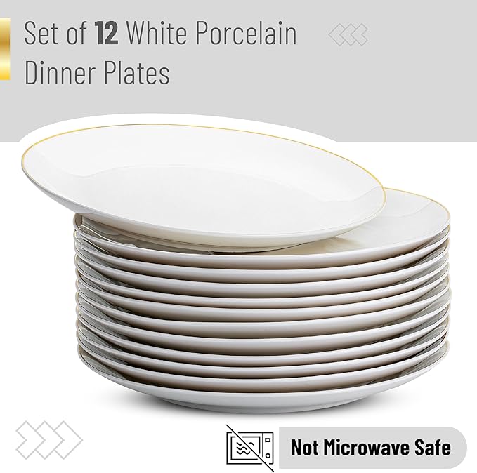 Brew To A Tea - White Porcelain Dinner Plates, Set of 12, 10.5" Gold Rimmed, Classic Style, Formal Dining