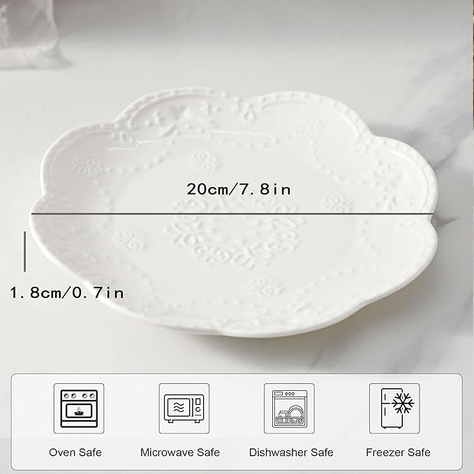 Neaylfe 6-Piece Embossed Ceramic Salad Plates, 8 Inch White Dinner Plates for Kitchen, Lightweight Round Plates, The Dessert, Salad, Appetizer, Small Lunch, etc Plate