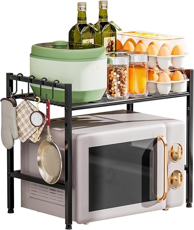 Microwave Stand Countertop, 2-Tier Adjustable Metal Oven Rack with 4 Hooks, Heavy Duty Carbon Steel Organizer Shelf for Microwave/Oven/Toaster, Kitchen Storage (Black, 2-Tier)