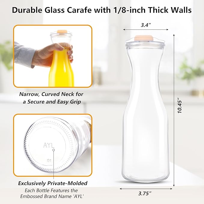 AYL Set of 4 Glass Carafes with Lids (1 Liter) – Clear Glass Water Pitchers and Beverage Serveware for Mimosa Bars, Brunch, Parties, Wine, Juice, Milk, Iced Tea, and Lemonade with Easy-Pour Spout Lids