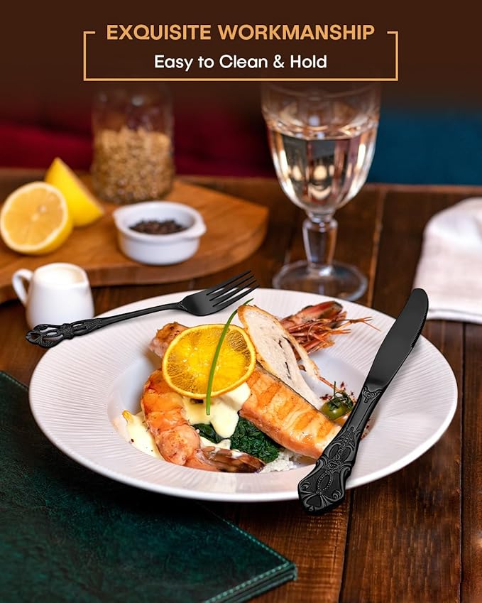 EUIRIO 30 Pieces Royal Silverware Set for 6, Retro Gorgeous Black Flatware Set, Premium Stainless Steel Vintage Cutlery Set with Forks Spoons and Knives, Dishwasher Safe