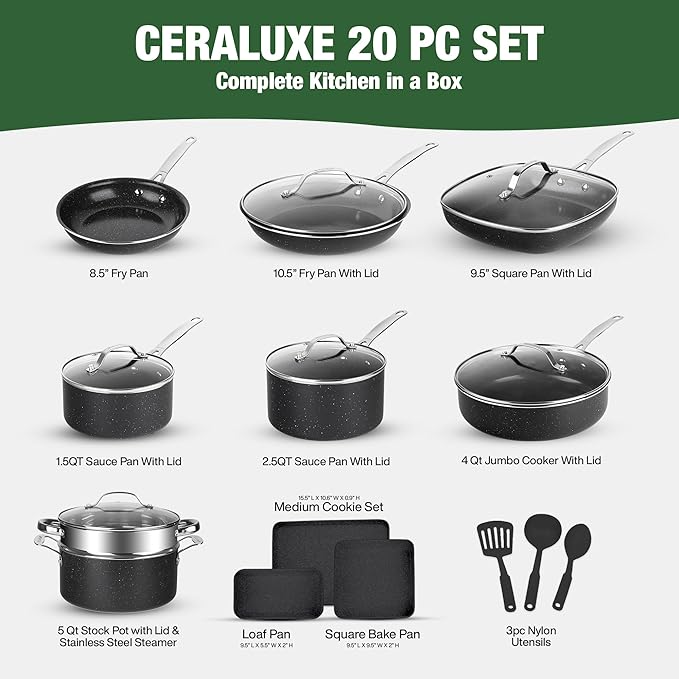Granitestone Ceraluxe 20 Pc Ceramic Cookware Set Nonstick, Complete Pots and Pans Set Non Stick for Kitchen with Bakeware, Utensils & Steamer, Non Toxic Made Without PFOA PFOS, Oven & Dishwasher Safe