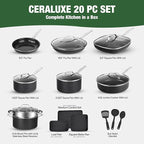 Granitestone Ceraluxe 20 Pc Ceramic Cookware Set Nonstick, Complete Pots and Pans Set Non Stick for Kitchen with Bakeware, Utensils & Steamer, Non Toxic Made Without PFOA PFOS, Oven & Dishwasher Safe