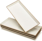 Sweese Rectangular Porcelain Platters, Vanilla White with Brown Trim, Serving Trays for Parties, 13.8 Inch Large Serving Dishes for Steak, Taco, Sushi, Appetizer - Dishwasher & Oven Safe - Set of 4