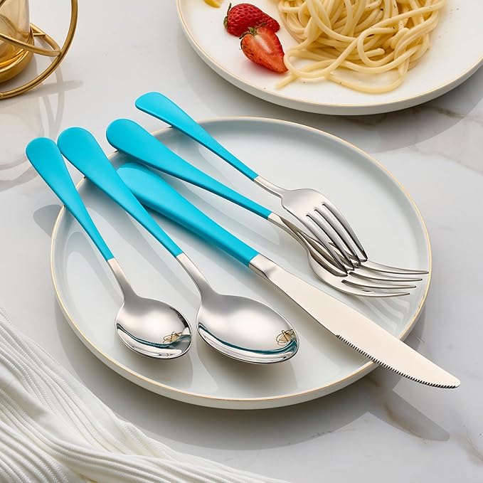 20-Piece Blue Silverware Set 18/0 Stainless Steel Flatware Blue Handle Cutlery Set Service for 4 Dinner Knives Forks Spoons Set Mirror Finish Dishwasher Safe