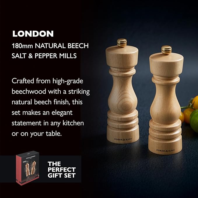 Cole & Mason London Refillable Spice Mill - Kitchen & Home Accessory - Salt and Pepper Grinder Set with Ceramic and Carbon Steel Mechanism - 7", Natural Beech