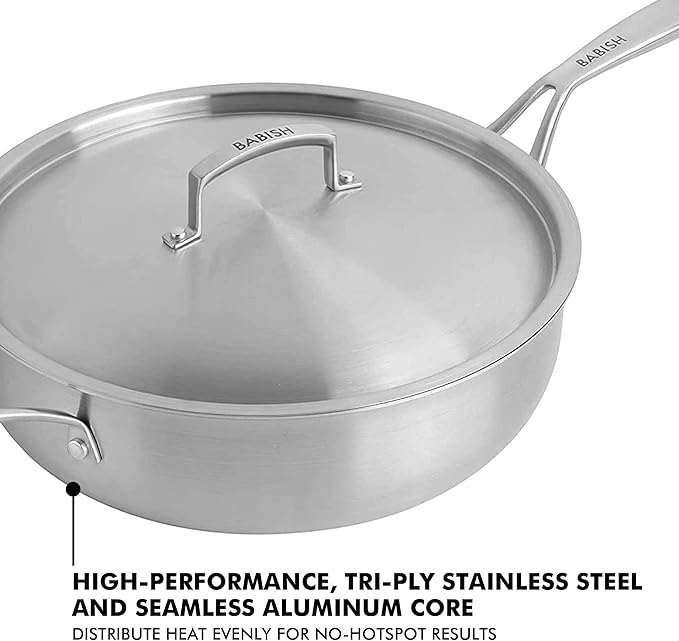 Babish Tri-Ply Stainless Steel Professional Grade Saute Pan w/Lid, 5-Quart