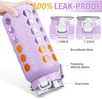 MUKOKO 64oz Glass Water Bottles with Straw and Lid,Half Gallon Water Bottle with Time Marker,Large Glass Water Jug with Silicone Sleeve and Stainless Steel Handle-Purple