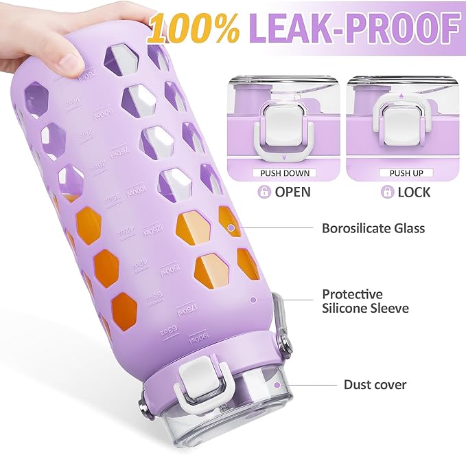 MUKOKO 64oz Glass Water Bottles with Straw and Lid,Half Gallon Water Bottle with Time Marker,Large Glass Water Jug with Silicone Sleeve and Stainless Steel Handle-Purple
