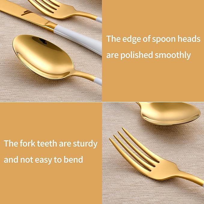 20-Piece White and Gold Silverware Set 18/0 Stainless Steel Silverware Set White Handle Cutlery Set Service for 4 Dinner Knives Forks Spoons Set Flatware Set Finish Dishwasher Safe