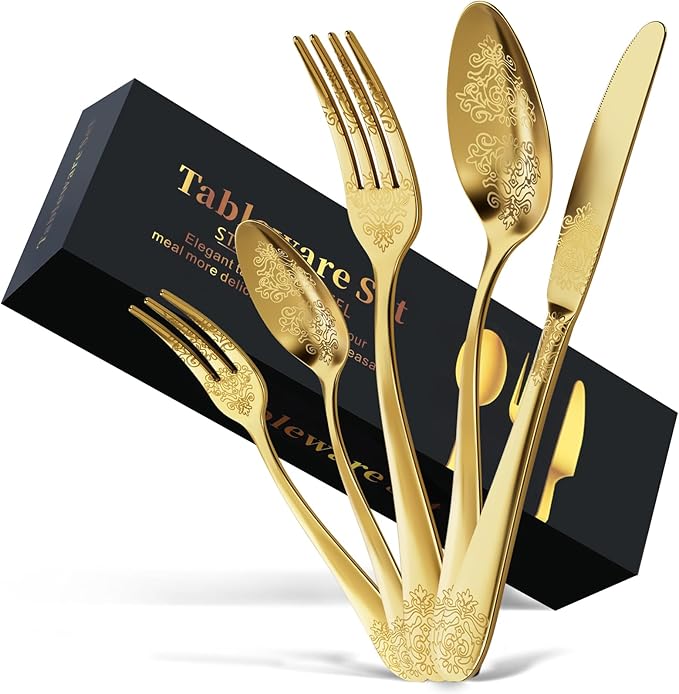 30-Piece Stainless Steel Silverware Set, Elegant Floral Engraved Cutlery Flatware Set for 6, Golden Tableware Utensil Sets Durable Include Fork Spoon Knife with Mirror Polish
