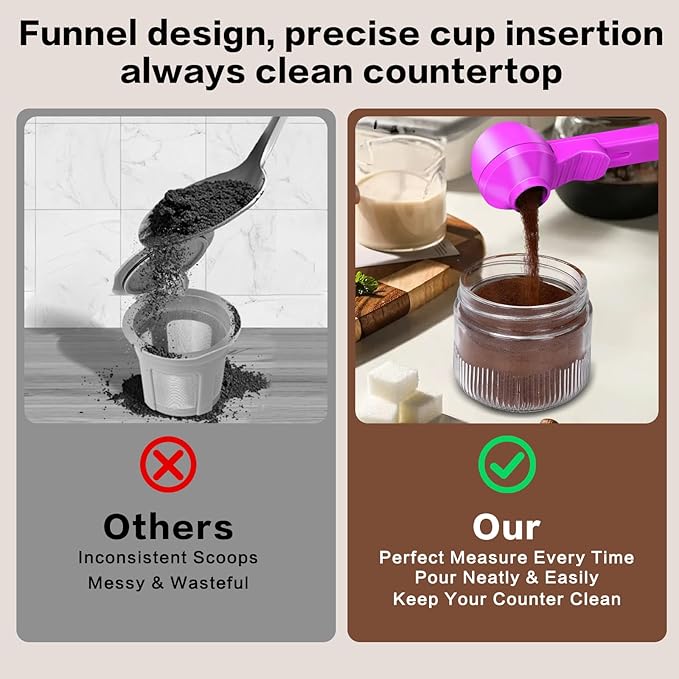 2-in-1 Coffee Scoop with Funnel, 2 Teaspoon Measuring Spoon for Reusable K Cups, Ground Coffee, Protein Powder & Tea, Mess-Free Plastic Design (Rose Red)