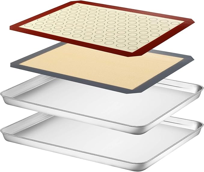 Baking Sheet with Silicone Mat Set of 4, Stainless Steel Cookie Sheet Baking Pan Tray with Silicone Mat, Non Toxic & Heavy Duty & Easy Clean - Size of 16 inch
