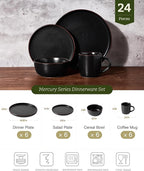 Famiware Mercury Dinnerware Sets with Mugs, Service for 6 (24 Pieces), Stoneware Plates and Bowls Sets, Microwave and Dishwasher Safe Dishes Set, Matte Black