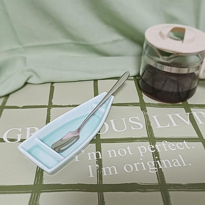 Coffee Stirring Spoon and Rest for Coffee Bar Accessories, Small Spoon Rest for Coffee Station, Coffee Spoon Holder for Coffee Bar Tea Spoon Teaspoon Rest, 1 PC (Oar Spoon with Turquoise Boat Rest)