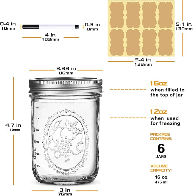 Wide Mouth Glass Mason Jars 16 oz, 6 Pack Glass Canning Jars with Metal Airtight Lids and Bands and Measurement Marks, for Canning, Preserving, Overnight Oats, Jam, Jelly, Food Storage, DIY etc